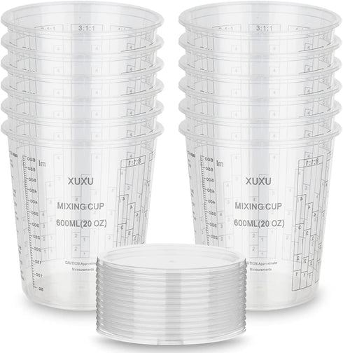 Clear Plastic Mixing Cup with Lids, Paint and Epoxy Mixing Cups Container for Paint, Resin, Epoxy, Art, Multiple Calibrated Mixing Ratios, Measurements in OZ. and ML (12pack,20ounce)