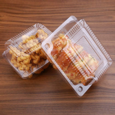 Twdrer 100 Pack Disposable Clear Plastic Clamshell Hinged Food Portable Square Containers for Salads,Fruit,Hamburgers,Sandwiches,Cupcake(5.3" x 4.2" x 3.4")