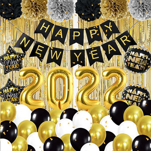 DUILE 72pc/set Happy New Year Decorations 2022 New Years Eve Party Decorations Supplies Include Paper Flower New Year Banner Balloons Curtains Foil Star Balloons for Happy New Year Party