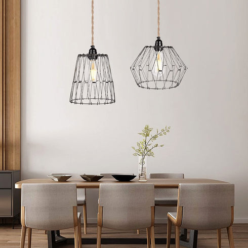 Farmhouse Black Plug in Metal Pendant Light - Industrial 15 Ft Hanging Lamp Kit Hemp Rope Light Cord Metal Cage Deformable Lampshade Lighting Fixtures with for Living Room Bedroom Loft DIY Decor
