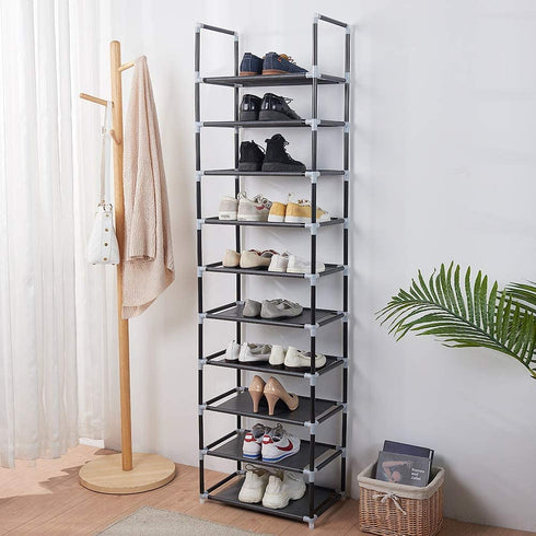 FORUP 10 Tiers Stackable Shoe Rack, Adjustable Shoe Storage Organizer Shelf, Non-Woven Fabric Shoe Tower Shelf (Black)