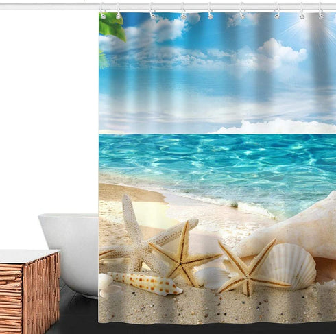 Sylbapestry Beach Shower Curtain Fabric Washable Seashell Starfish Bathroom Decor Digital Printed No-Fade Blue