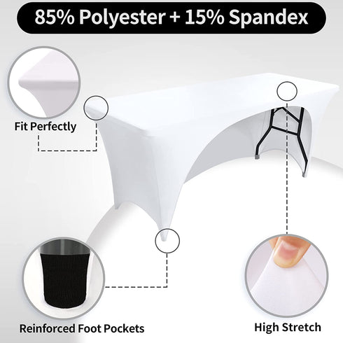 FestiCorp White Fitted Table Cover for 6 Foot Table - Spandex Massage Lash Bed Table Covers 6Ft, Elastic Table Cloths, Open Back Stretch Table Clothes for Party, DJ Table, Banquets, Events, Trade Show