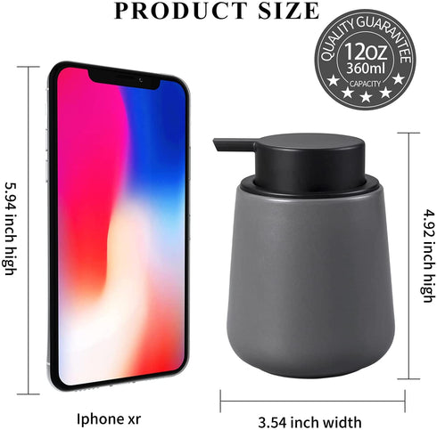 Foam Hand Soap Dispenser - 12 oz Bathroom Lotion Hand Pump Dispenser Grey Foaming Soap Dispenser Ceramic Dish Liquid Dispenser for Kitchen Hand Wash Dispenser