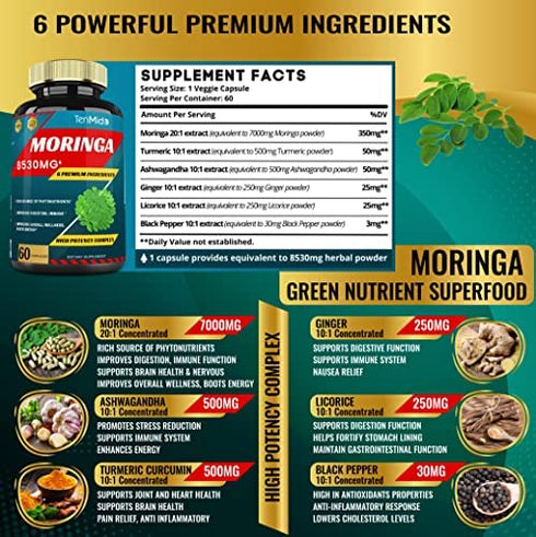 2 Packs Moringa Capsules 8530mg, 4 Months Supply & Turmeric, Ashwagandha, Ginger, Licorice, Black Pepper| Immune Support, Energy Booster | Multi Vitamin Oleifera Leaf Herb | Antioxidant Supplements