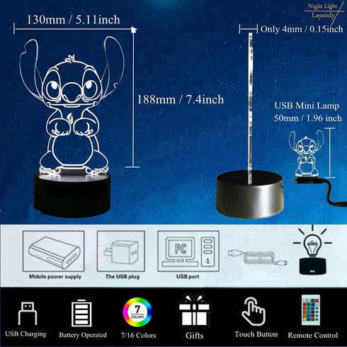 Laysinly Stitch LED Night Light, Stitch 7 Colors 3D Acrylic Table Lamp, Child Bedroom Sleeping Night Lamp Decor Light, USB Remote Control Home Desk Lamp, Baby Kids Teen Lighting (Stitch)