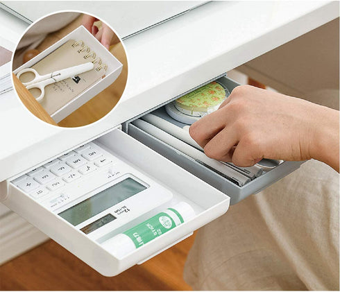 Handy Stick On Plastic Hidden Drawer, Set of 2 Self Adhesive Mini Attachment Drawers, Convenient Office Under Desk Shelf Organizer Large Grey Small White Drawers Unit For Desktop Organizer