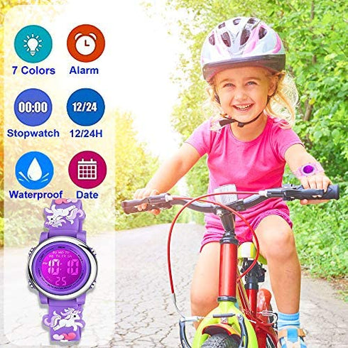 Venhoo Kids Watches 3D Cartoon Waterproof 7 Color Lights Toddler Digital Wrist Watch with Alarm Stopwatch Gifts for 3-10 Year Girls Little Child