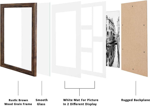 Q.Hou 11x14 Picture Frames Wood Patten Rustic Brown Set of 2, Each Frame with 2 Mats,Display 8x10 or Five 4x6 Photos with Mat & 11x14 Picture Without Mat for Wall Mount (QH-PF11X14-BR)
