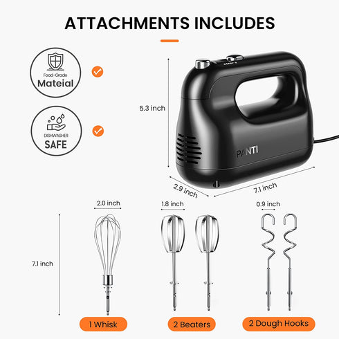 Hand Mixer Electric, PANTI Kitchen Handheld Small Mixer with Beaters and Whisk, 5 Dishwasher-safe Accessories, 5 Speeds & Eject Button, Portable Mixers for Easy Whipping Dough, Cake and Cream, HM3002