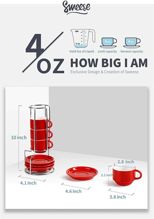 Sweese 405.404 Porcelain Stackable Espresso Cups with Saucers and Metal Stand - 4 Ounce - Set of 4, Red