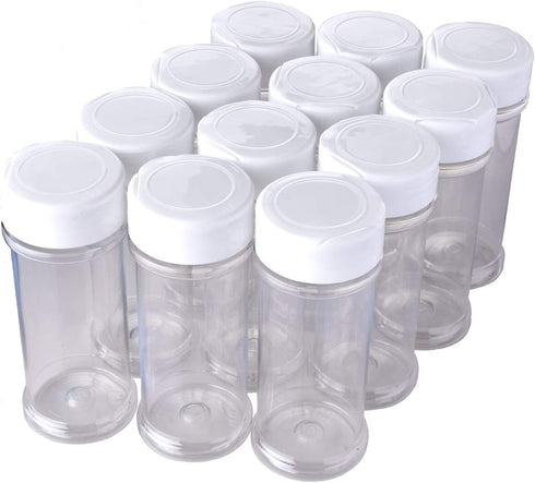 12 Pack of 6 Oz. Empty Clear Plastic Spice Bottles with White Sprinkle Top Lids For Storing and Dispensing Salt, Sweeteners and Spices - Food-Grade Spice Jars for Kitchen and Home Spice Organization