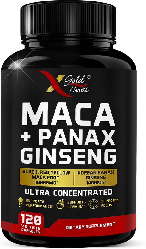 Maca Root Capsules 10,000mg + Korean Panax Ginseng 1,400mg - 20x Concentrated Extract Black + Red + Yellow Maca Root, 10x Concentrated Extract Panax Ginseng Capsules - Ultra Potent & Highly Purified