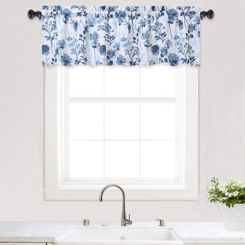 Haperlare Blue Leaf Flower Printed Valance Curtains for Kitchen Cafe Curtains, Floral Print Bathroom Window Curtains, Multi Color Window Treatment, 54" x 15", Navy Blue/Light Blue
