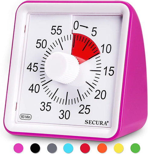 Secura 60-Minute Visual Timer, Classroom Countdown Clock, Silent Timer for Kids and Adults, Time Management Tool for Teaching (Purple)