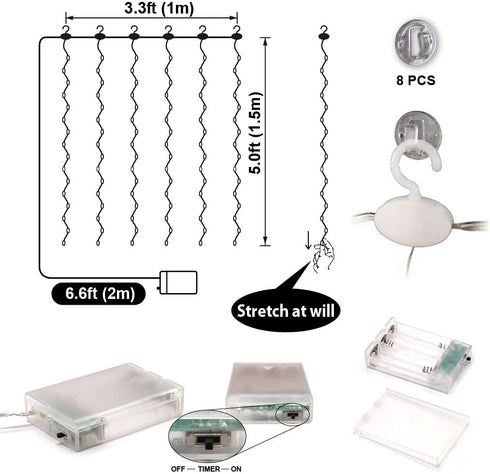 HXWEIYE Short Curtain Lights for Small Window, 3.3x5Ft Warm White Fairy Light with Timer & 8 Clips for Bedroom, Battery Powered 96Led String Light for Indoor Weddings Party Garden Wall Decor