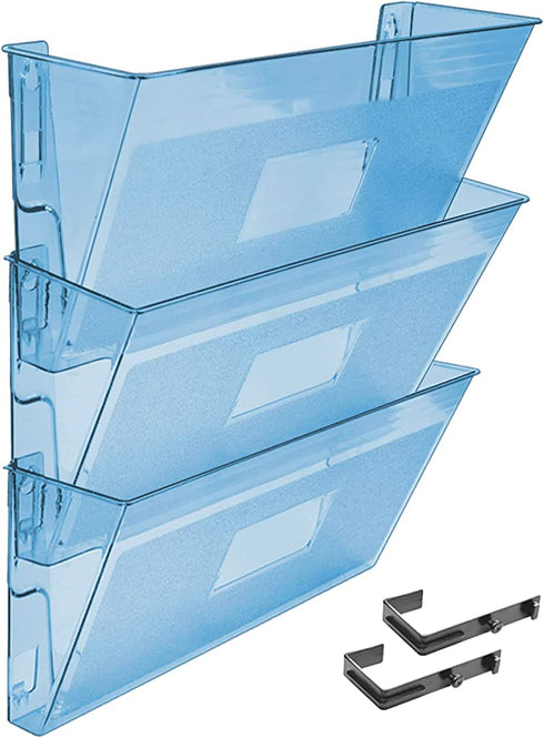 Acrimet 3 Pockets Wall Mount File Holder Organizer Letter Size, Clear Blue Color (Hangers Included)