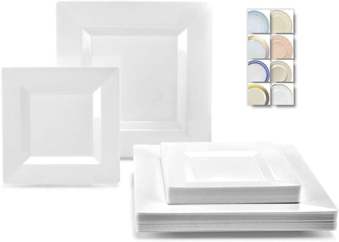 " OCCASIONS " 120 Plates Pack,(60 Guests) Wedding Party Square Disposable Plastic Plates Set -60 x 9.5'' Dinner + 60 x 6.5'' Dessert (Square White)