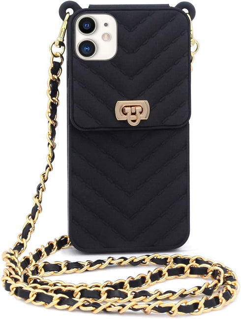 Fusicase for iPhone 11 Wallet Case with Neck Strap Crossbody Strap Lanyard Handbag Wrist Strap Protective Cover Credit Card Holder Slot Purse for Girls Women Silicone Case for iPhone 11 Black