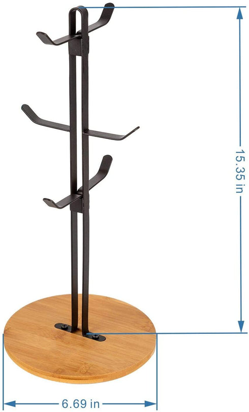 Coffee Mug Holder, Espresso Cup Holder, Mugs Tree Hanger, Bamboo Base Coffee Cup Holder Stand with 6 Hooks for Kitchen, Coffee Bar Counter