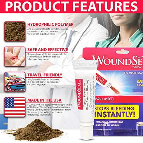 WoundSeal Topical Powder Wound Care First Aid for Cuts, Scrapes and Abrasions Single Use, 4 count (Packaging May Vary)