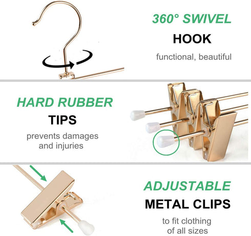 Amber Home 12 Inch Real Rose Gold Metal Pants Skirts Hangers 12 Pack, Sturdy for Slacks Trousers with 2 Adjustable Non Slip Clips and Swivel Hook (12 Pack)