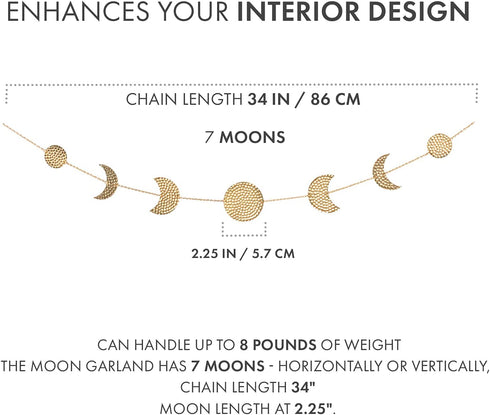 Moon Phase Wall Hanging Garland - 7 Gold Hammered Metal Boho Wall Decor Moon Garland 34'' - Celestial Phases Moon Decor in Bohemian Style - Moon Phases Wall Art for Home, Dorm, Bedroom, Living Room
