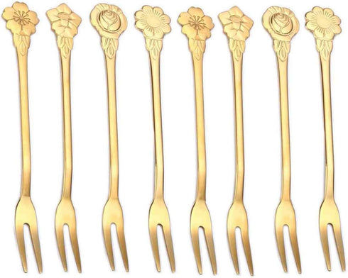 8Pcs 4.9 Inch Flower Stainless Steel Friut Forks Small Pickle Forks Dessert Cake Forks Salad Bistro Cocktail Fork Two Prong Dinner Appetizer Fork For Banquet Party Seafood Cocktail (Gold)