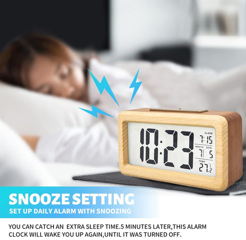 Everwood Battery Operated Wooden LCD Digital Alarm Clock with Smart Sensor Night Light, Snooze for Bedrooms (Wood)