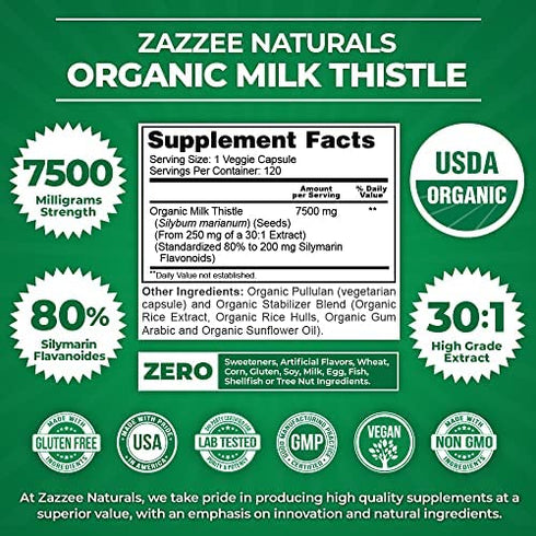 Zazzee USDA Organic Milk Thistle Extract Capsules, 120 Vegan Capsules, 7500 mg Strength, 80% Silymarin Flavonoids, Potent 30:1 Extract, USDA Certified Organic, Vegan, Non-GMO and All-Natural
