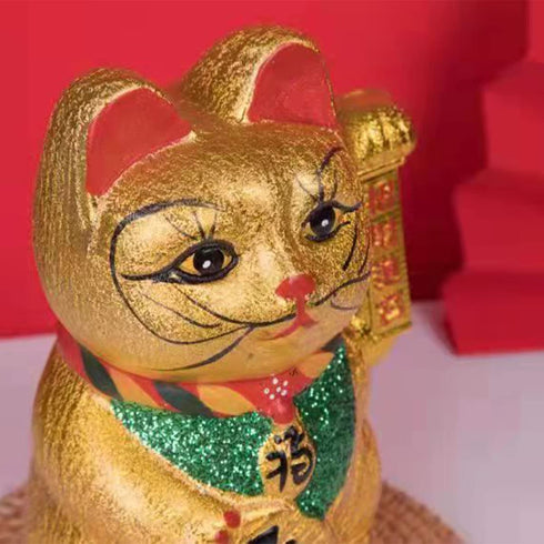 LLDAYU Maneki Neko,Ceramic Electric Golden Feng Shui Lucky Cat Ornament (7 inches), Gold