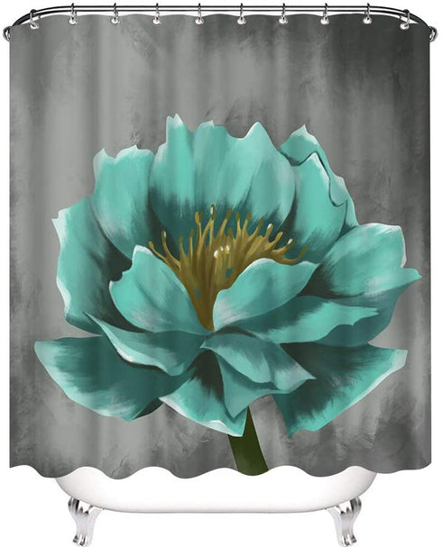 VividHome Teal Gray Flower Shower Curtain Vintage Floral Lotus Flowers Polyester Fabric Waterproof Shower Curtain Bathroom Accessory Sets 12 Hooks Included 72X72inch