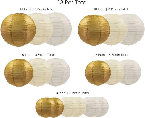 UNIQOOO 18PCS Metallic Gold Christmas Paper Lantern Set, Assorted Hanging Gold Japanese Paper Lantern Wedding Decoration, Reusable Easy Assemble, For New Year Birthday Baby Shower Party Favor Supplies