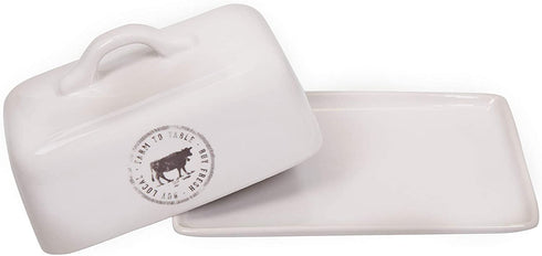 Creative Co-op Stoneware Butter Dish with Cow Decal, 6.75" L, White