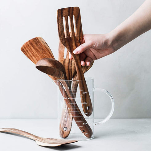 5 Pcs Luxury Wooden Kitchen Utensils Spoons Non Stick Spatula Cooking Utensils Set-Best Wood Spatula Paddle, Slotted Spatula, Angled Turner Spatula, Serving Cooking Spoon & Mixing Spoon Utensil
