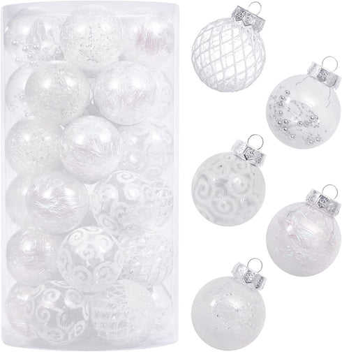 60MM/2.36" Clear Christmas Ornaments Set, 30PCS Shatterproof Decorative Hanging Ball Ornament with Stuffed Delicate Decorations, Xmas Tree Balls for Halloween Holiday Party Thankgivings - White.