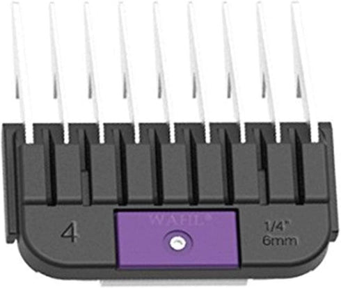 WAHL Professional Animal Stainless Steel Attachment Guide Comb Detachable Blade Pet Clippers #4, 1/4-Inch Cut Length (#3372-100), Stainless Steel, Black, and Purple
