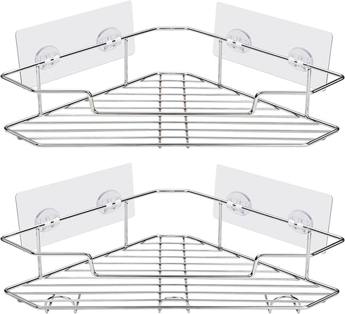 AmazerBath Corner Shower Caddy with Hooks, Adhesive Shower Shelf Stainless Steel, Shower Organizer Wall Mounted for Bathroom, Kitchen, Toilet, Chrome, 2 Pack