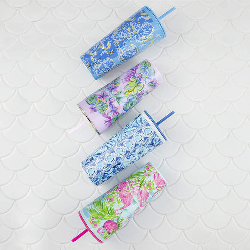 Lilly Pulitzer Double Wall Tumbler with Lid and Reusable Straw, Insulated Travel Cup Holds 24 Ounces, Mermaid in the Shade