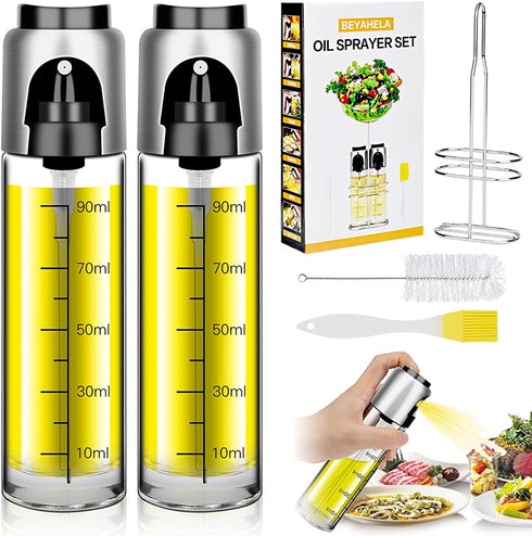 BEYAHELA Oil Spritzer Bottle for Air Fryer 2 Pack with Holder, Oil Mister for Air Fryer, Food Grade Glass Olive Oil Spray Bottle for BBQ Salad Baking Roasting or Grilling Frying BPA Free