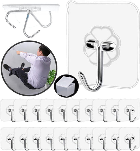 QUALIALL Adhesive Hooks, 20 Packs, 33lbs/15kg Premium Heavy Duty Wall Ceiling Hooks for Hanging, Damage Free, Clear Sticky Hanger for Kitchen, Bathroom Shower Outdoor Use.