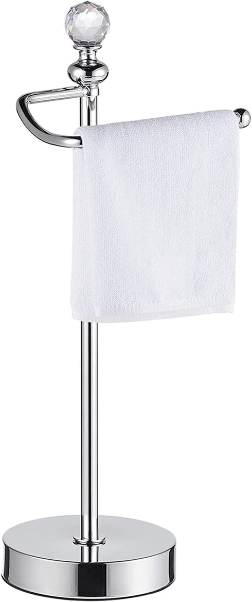 ROLABAM Towel Rack (with Crystal Finial) Hand Towel Holder Stand Total Height 15.7" for Bathroom Vanity Countertop, Kitchen, Steel Towel Holder Stand , Chrome