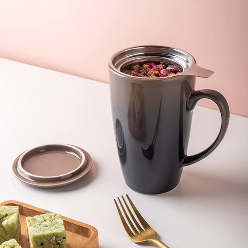 GBhome 19 Oz Large Tea Mug with Infuser and Lid, Porcelain Tea Cup with Infuser Basket and Lid for Steeping Loose Leaf Tea, Well Packaged in Gift Box,Perfect for Gift or Self-use - Black Gradient