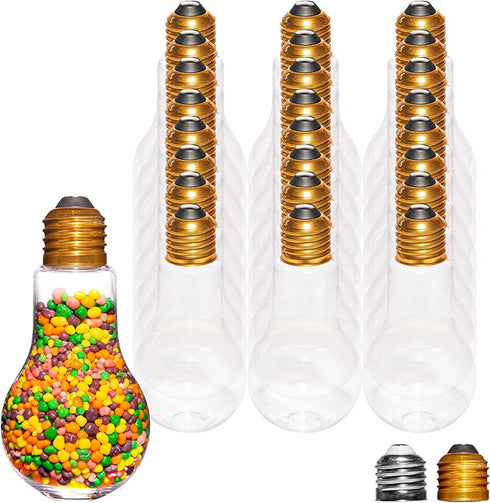 Houseables Fillable Light Bulb, Candy Container, Gold, Plastic, 100 ML, 1" W x 4.9" L, 24 Pack, 5.5 Oz, Clear, Fake Lightbulb, Jar for Drinking, Christmas Ornaments, Party Favors, Crafts, Decorations