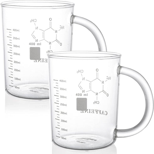 Suwimut 2 Pack Caffeine Beaker Mug Caffeine Molecule Mug, 16 oz Borosilicate Glass Chemistry Mug Coffee Mugs with Handle and Measuring for Tea, Coffee, Latte, Hot and Cold Beverage
