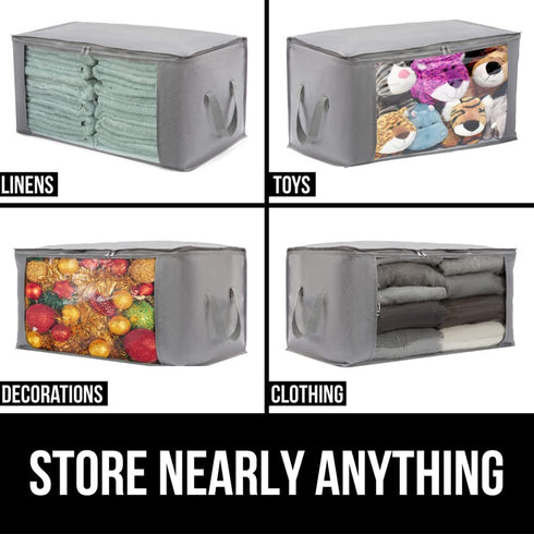 Gorilla Grip Large Capacity 3 Pack Clothes Storage Bag Organizer, 90L, Reinforced Handles, Thick Fabric for Blankets, Bedding, Clothing, Foldable Zipper Container Bags, Clear Window Closet Totes, Gray