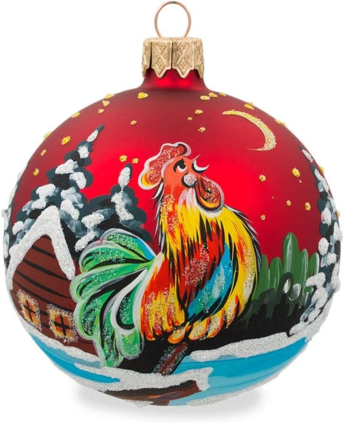 BestPysanky Rooster in Winter Village on Red Glass Ball Christmas Ornament