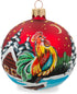 BestPysanky Rooster in Winter Village on Red Glass Ball Christmas Ornament