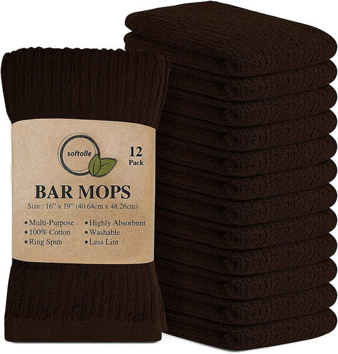Softolle Kitchen Towels, Pack of 12 Bar Mop Towels -16x19 Inches -100% Cotton White Towels - Super Absorbent Bar Towels, Multi-Purpose for Home, Kitchen and Bar Cleaning (Brown)