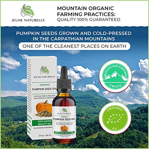 Jeune Naturelle Pumpkin Seed Oil Organic - 100% Pure RAW Cold Pressed Undiluted Pumpkin Seed Oil For Anti Aging Wrinkle Repair Dark Spots Scars Acne Hair Growth Serum Pumpkin Oil - Vitamin E Oil For Skin, 2 oz